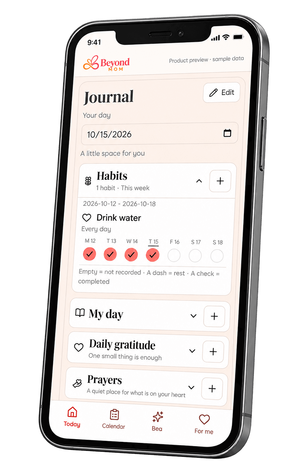 Beyond Mom on a phone: a private journal with habits, gratitude, and prayers.